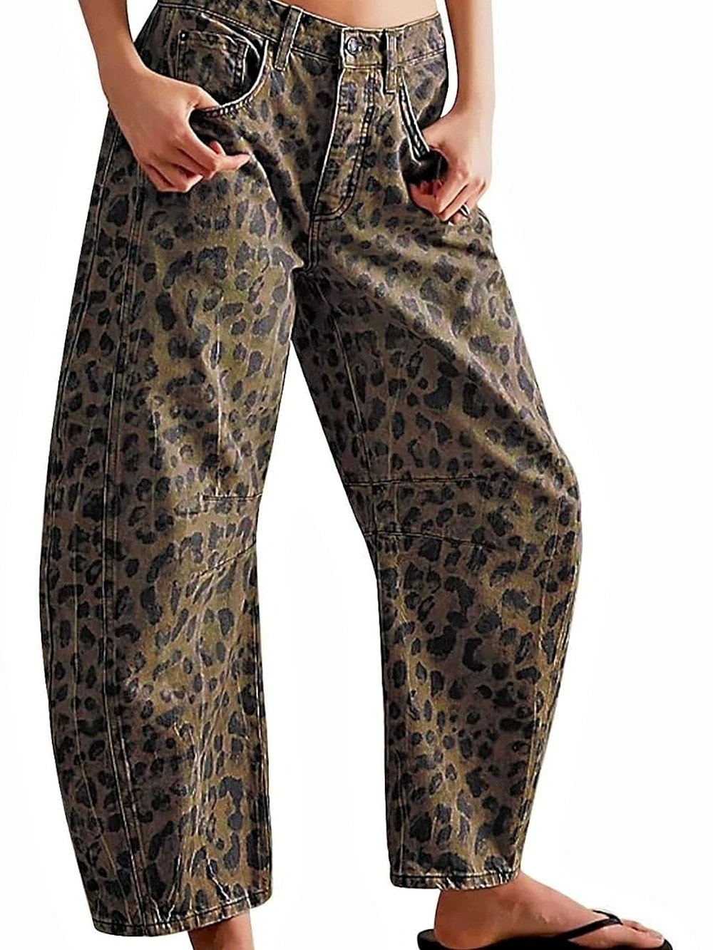 Leopard Print Barrel Leg Cropped Jeans